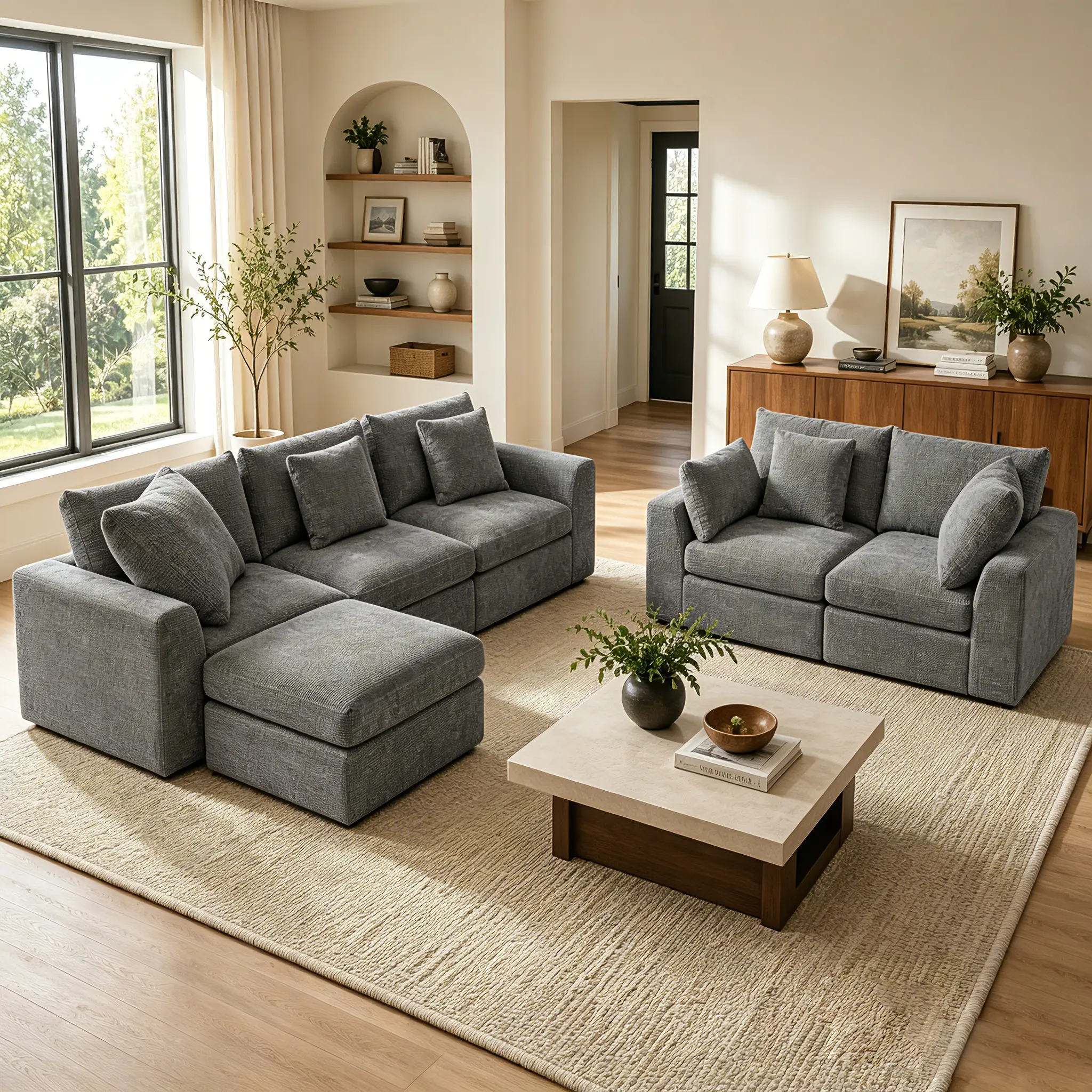 Benazcap Modular Sectional Sofa Couch, 2-6 Seat Convertible Cloud Couch with Ottoman, Deep Seat Living Room Furniture, Tool-Free Assembly, Family & Pet Friendly, Grey