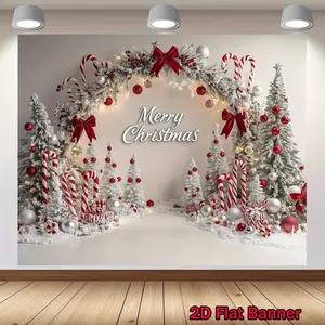 2D Flat Banner 3D Christmas Background Snowy Trees Red Ornaments Merry Xmas Text Festive Winter Scene Party Decor White Golden Easy Hang for Photo Booths Homes - Led