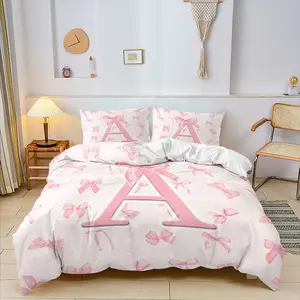 Pink bow and letter print set, 2/3 pieces, Includes 1 Count Duvet Cover & 1/2 Pillowcase without Filler, A dreamy and sweet, soft pink bedding set that is comfortable and cozy, Bedroom Bedding Set
