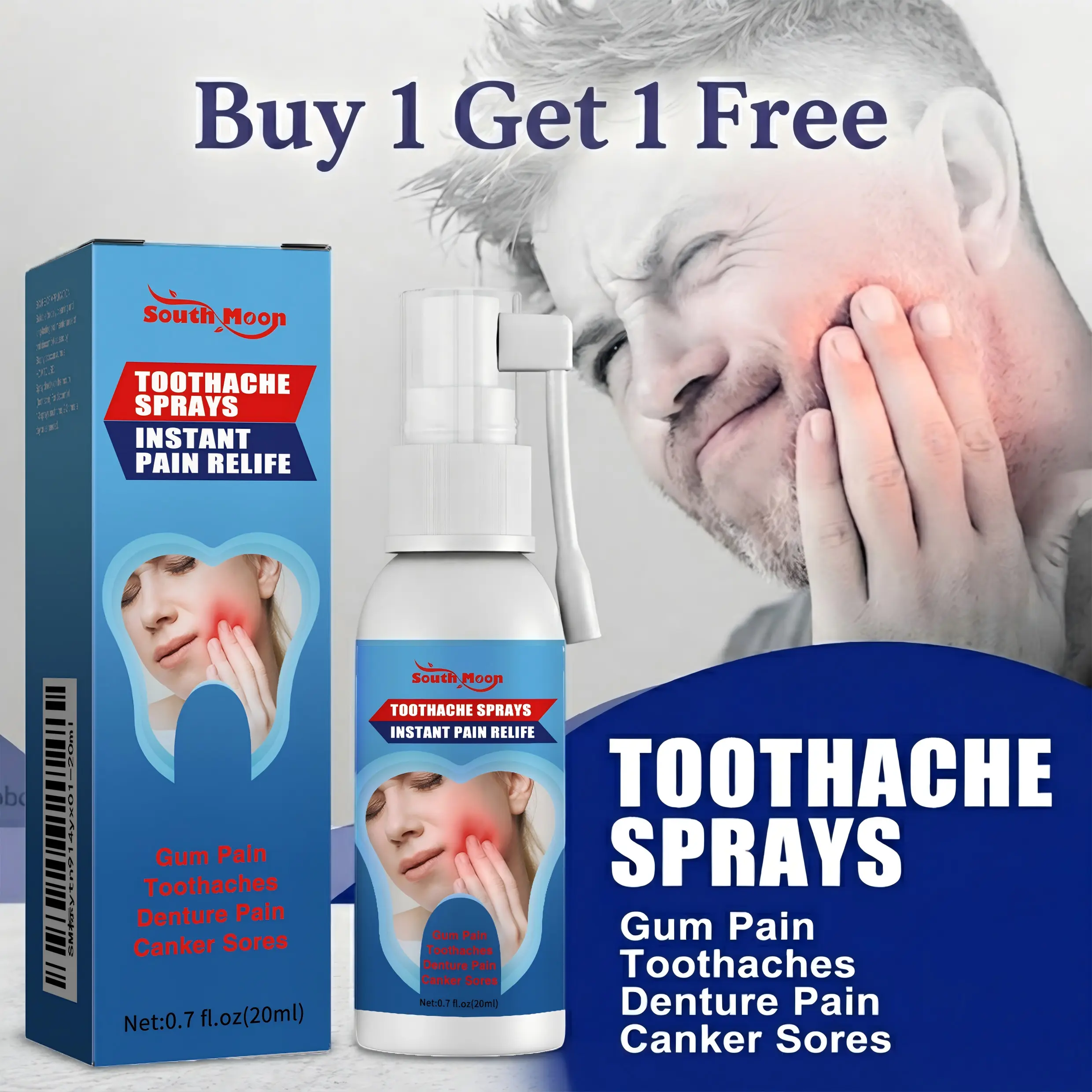 South Moon Fast Acting Toothache Relief Oral Spray 0.7 FL OZ, Portable Gentle Soothing Spray to Calm Swollen Inflamed Gums, Ease Tooth Decay Pain, Canker Sores & Dental Sensitivity, All-Day Gum Comfort Support