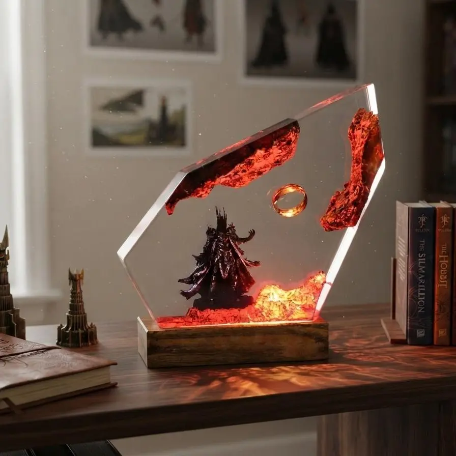 Handmade Asymmetric Epoxy Resin Night Light, Dark Lord Volcanic Diorama LED Lamp with Magic Gold Ring, Unique Desk Decor, Collectible Art Piece for Fantasy Fans and Room Decoration