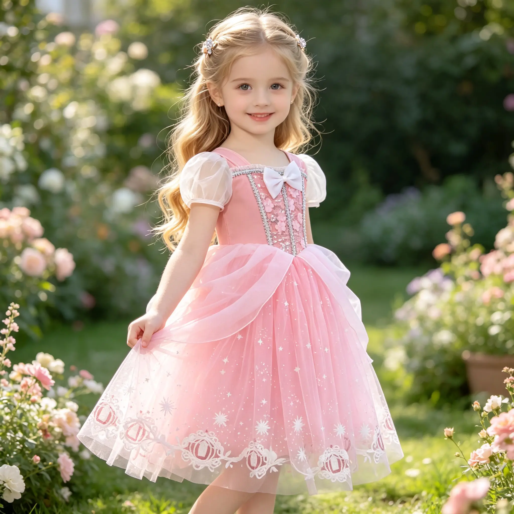 Girls Pink Sparkle Princess Dress, Puff Sleeve Tiered Tulle Midi Gown for Birthday Party, Flower Girl, Cosplay & Photoshoot