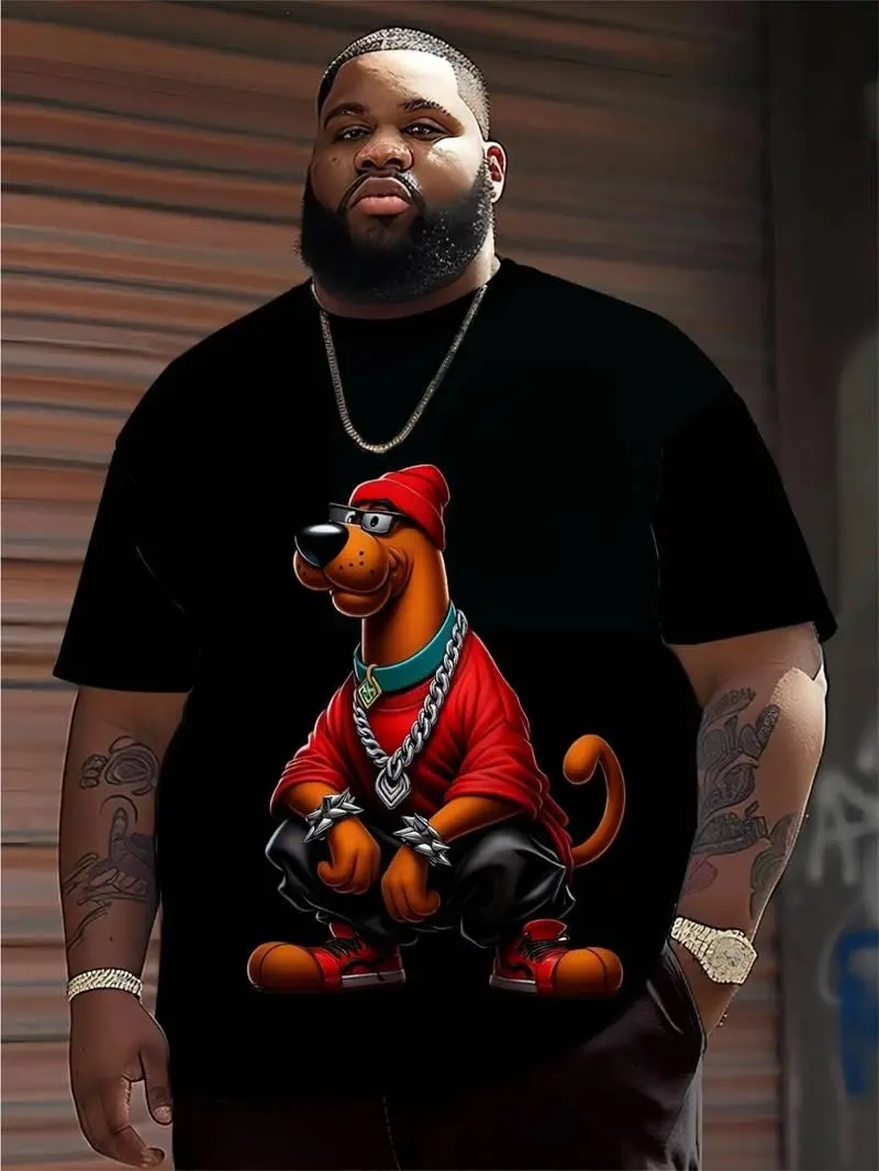 Men Plus Size Cotton T-Shirt Featuring Hip-Hop Cartoon Animal Graphics Oversized Streetwear Tee with Urban Style