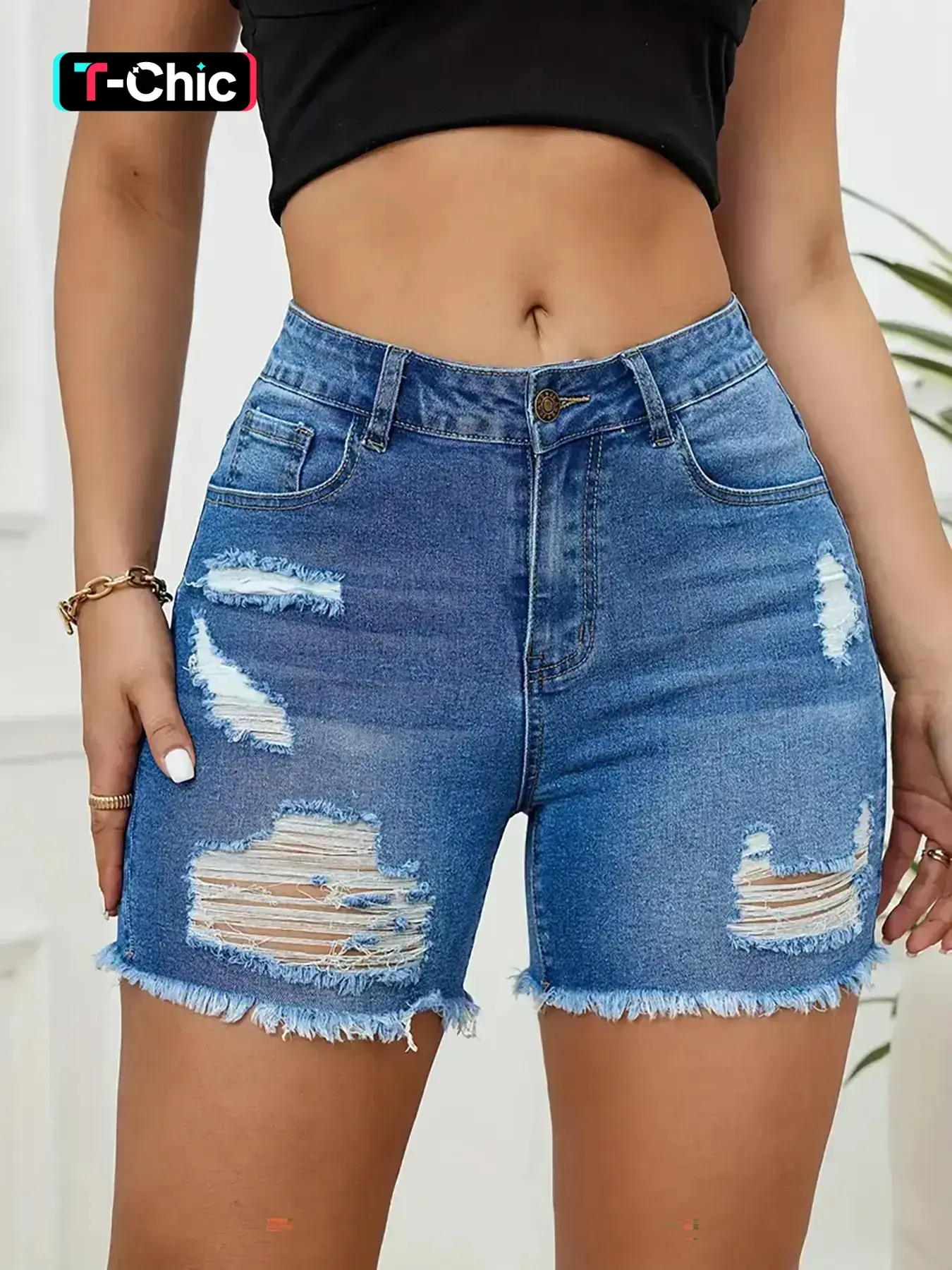 Women's High-Waist Ripped Distressed Denim Shorts with Raw Hem and Button Fly, Casual Summer Jean Shorts, Frayed Hem Shorts, Fashion Bottoms for Daily Wear