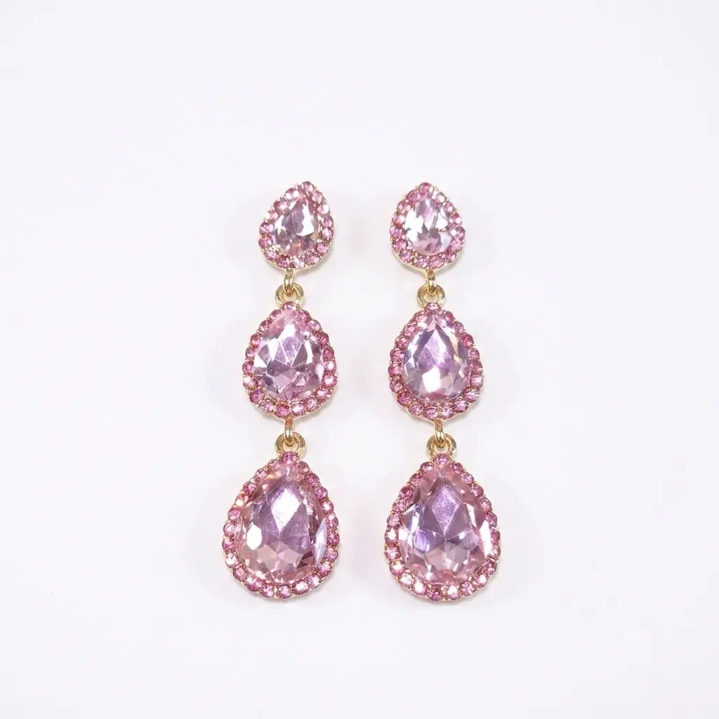 Blush Pink Triple Pear-Cut Drop Earrings with Halo, Statement Cubic Zirconia Jewelry with Elegant Cascading Silhouette for Romance & Anniversary, Evening, Fashion, Party, Prom, Female, Bling Effect, Blinged Out Earrings, Soft Blush Tones