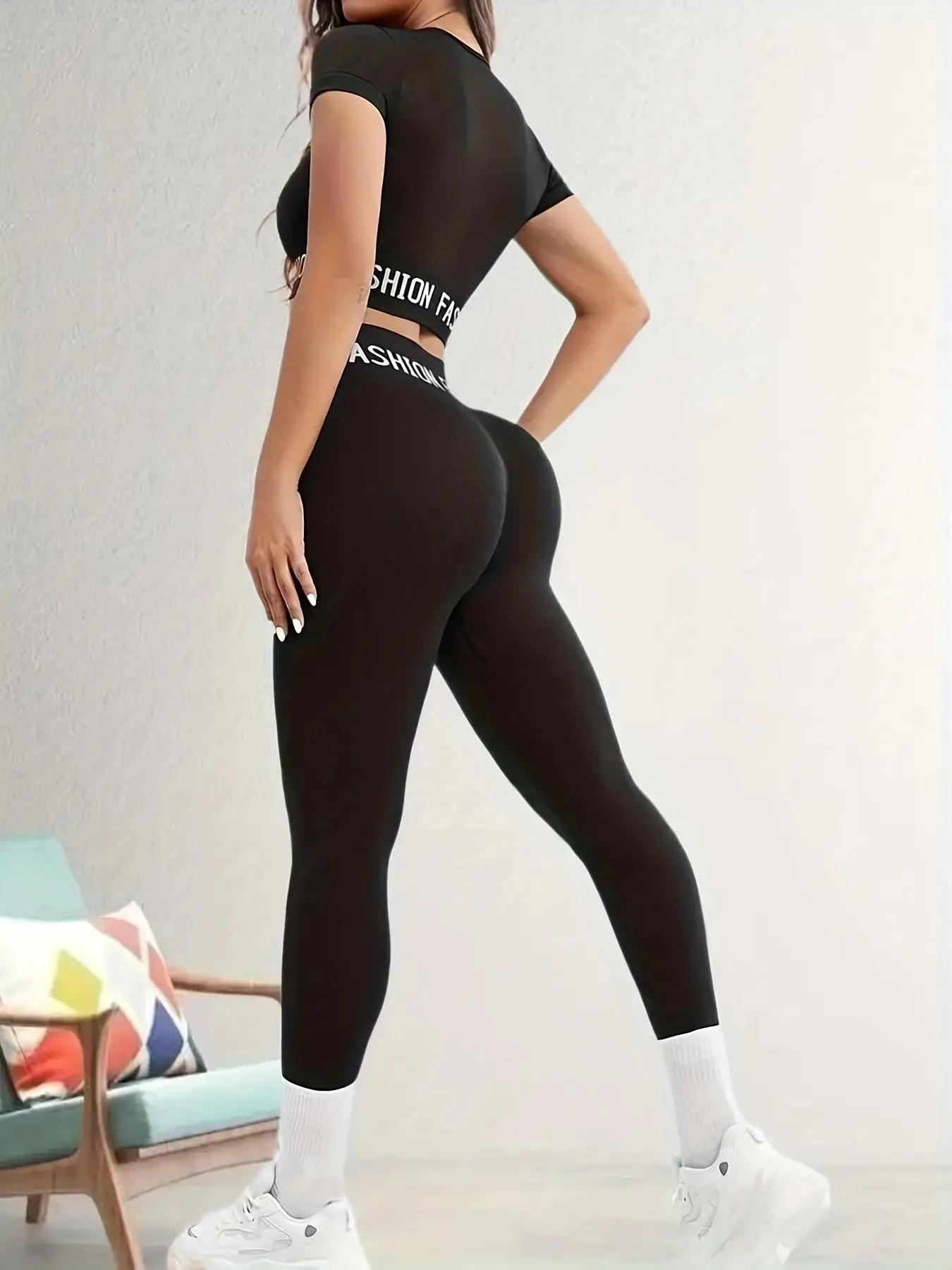 Women's Patchwork Print Tape Sports Crop Top & High Waist Leggings Tracksuit Set, Round Neck Short Sleeve T-shirt & Skinny Pants Two-piece Set for Yog