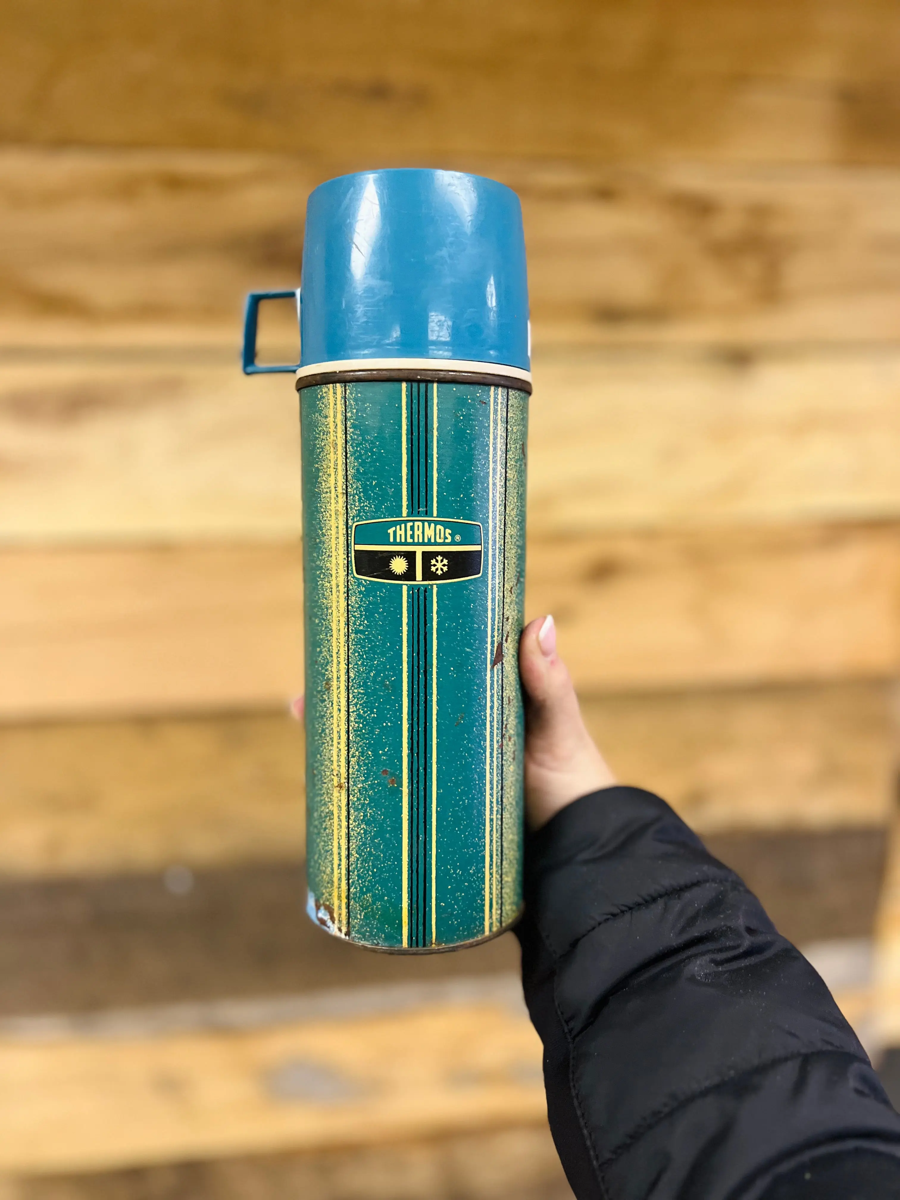 Vintage Blue Striped Thermos Bottle - Pint Size