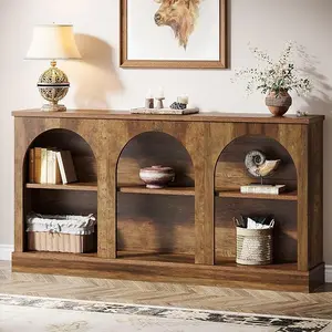 Tribesigns Farmhouse Console Table 63-Inch Long with 3 Tier Storage, Wooden Rectangular Design, Brown Color, Ideal for Entryway and Hallway Use
