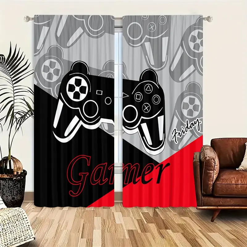 2 Piece Game Machine Print Curtains, Rod Pocket Design, Easy to Hang, Semi-Transparent Privacy Curtains, Polyester Fiber, Home Decorative Curtain, Window Curtain, Home Decoration Curtain
