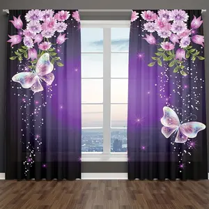 2 Pack Butterfly Print Curtains, Semi-Transparent Polyester, Multi-Functional Durable, No Rod Needed, Easy Install Curtain, for Living Room & Office Decor, Window Curtain
