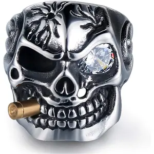 Vintage Stainless Steel Gothic Skull Smoking Bullet Biker Cocktail Party Ring for Men