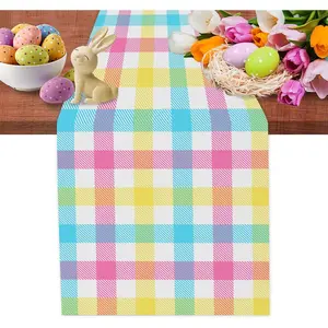 Linen Easter Blue Yellow Buffalo Check Plaid Table Runner, Spring Summer Holiday Farmhouse Table Decor for Dining Room Kitchen Home Party