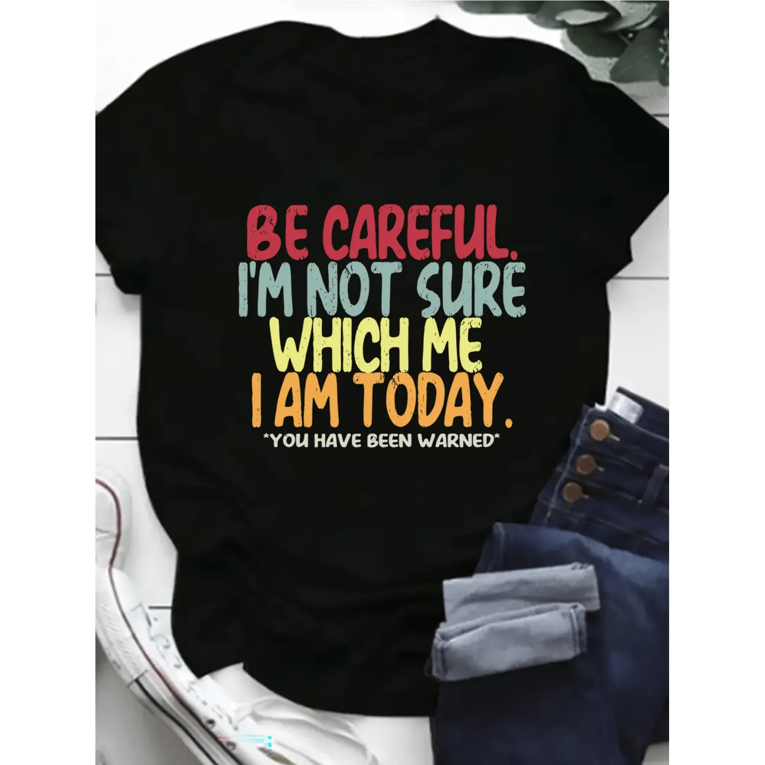 Cotton oversized be careful im which graphic tee womens casual summer top plus size colorful lettering round neck short sleeve dressy humorous design black -1 t shirt