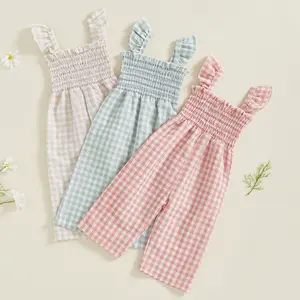 Baby Girl Rompers Ruffle Sleeveless Plaid Print Smocked Jumpsuit Suspender Pants Summer Outfit