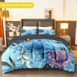 3pcs (1 comforter + 2 pillowcases) Hydrangea - themed Flannel and Milk Velvet Comforter Set, Soft & Cozy Warm Bedding Set for Adults, Trendy Milk Velvet Bedding Essentials