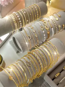 19-Piece Women's Bracelet Set, Stackable Bracelets, Elegant Jewelry Bracelet, Stylish Elegant Vintage Bohemian Minimalist Y2K Imitation Pearl Heart & Zircon Accessories, Perfect for Parties & Gifts