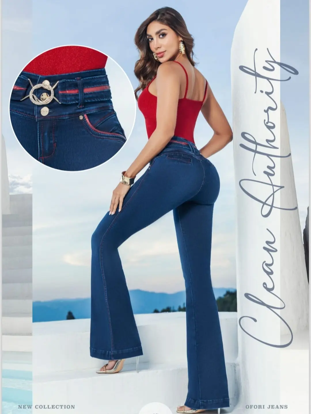Ofori Jeans Lady High-Rise Jean Pants - Original Colombian Denim, 3-Button, Peach Skin Effect Fabric, Bell Leg, Slim-Fit Women's Fashion Bottoms Flared High Waist High Rise Slim