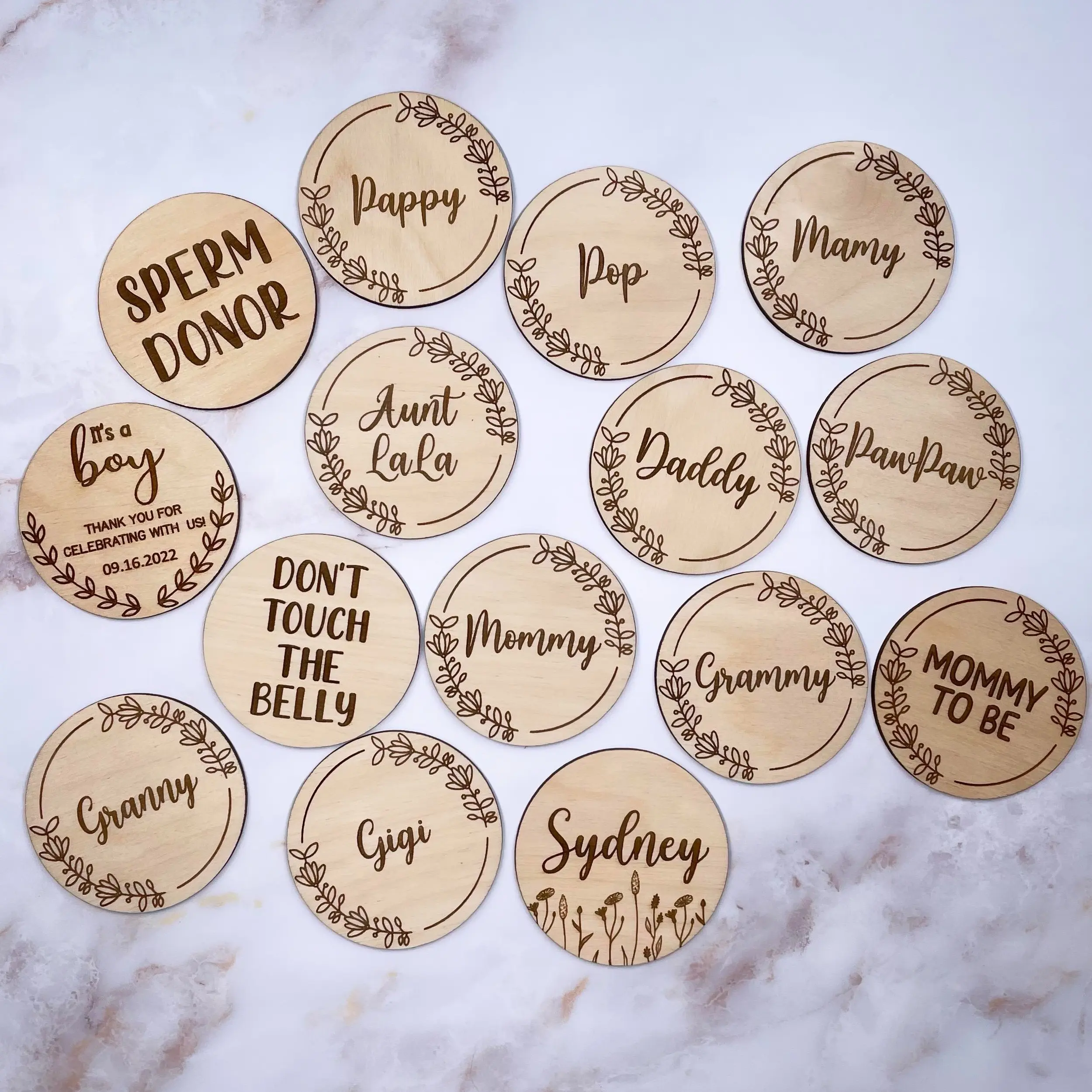 Personalized Baby Shower Pin Buttons | Pin-Back Custom Wooden Button Badge | Mommy To Be | Daddy To Be | Big Brother Pin