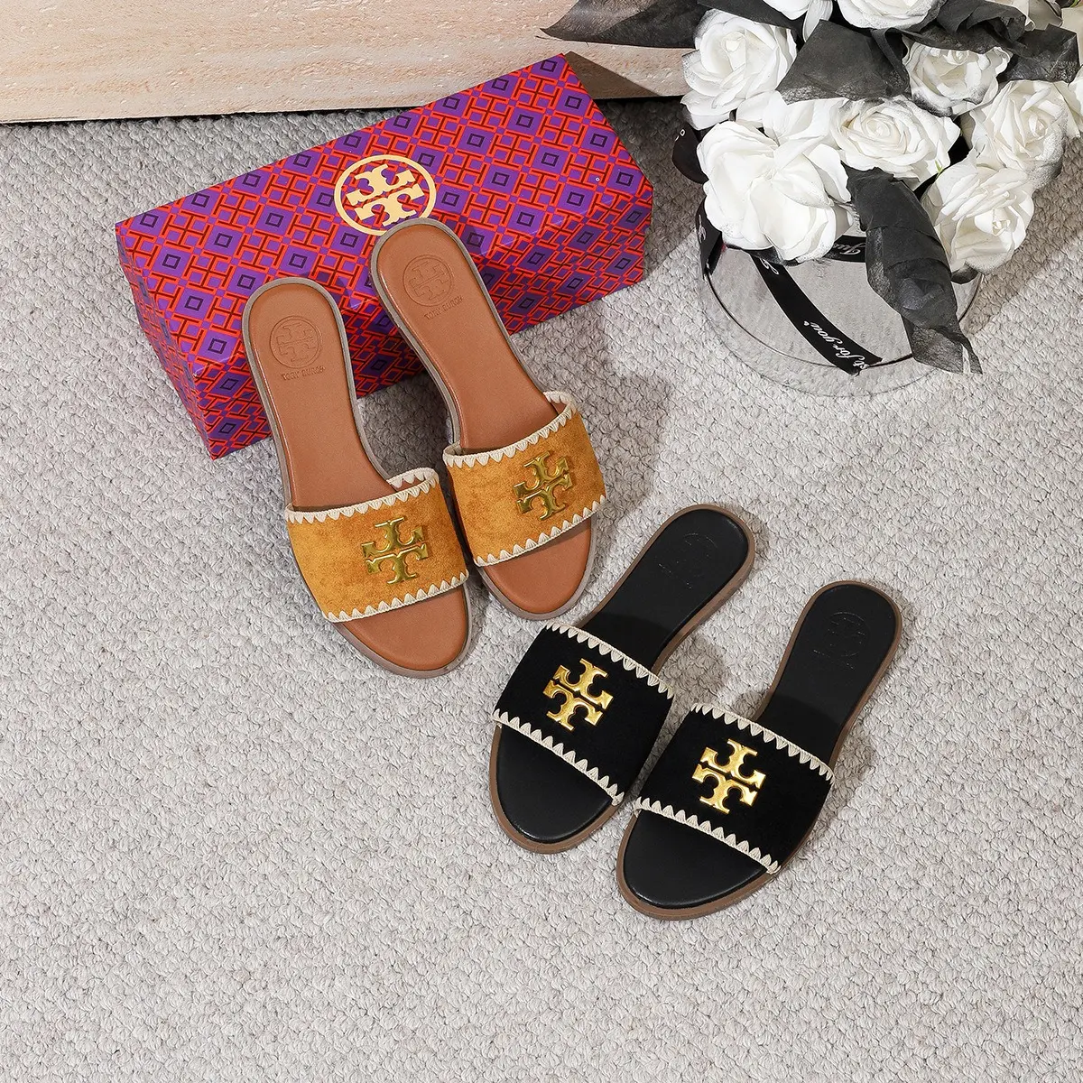 Tory Burch Women Flat Slide Sandals, Gold Double‑T Logo Scalloped Trim Slip‑On Summer Open‑Toe Slides