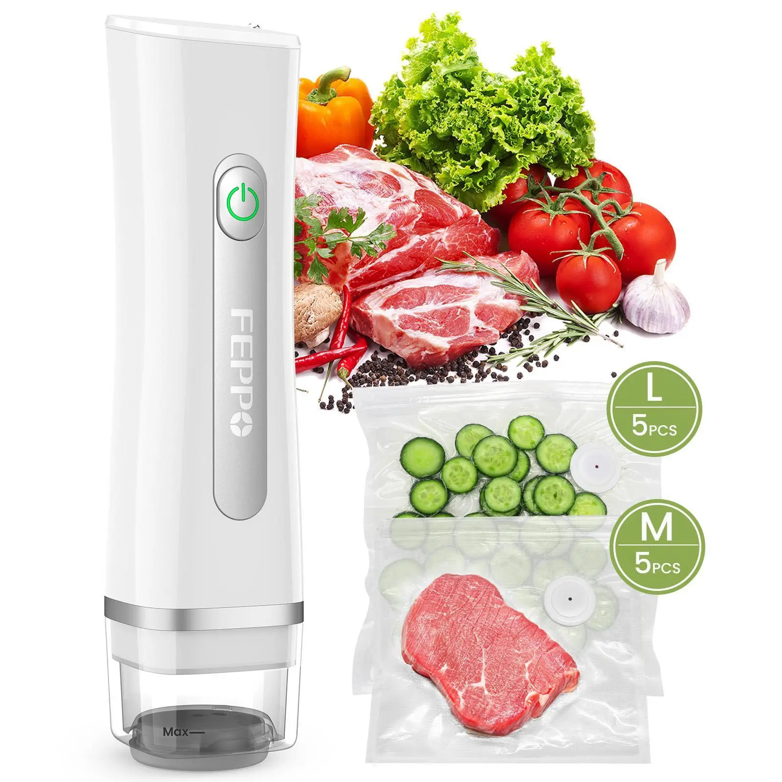 FEPPO Vacuum Sealer for Food with Visual Water Storage Tank, Handheld Saver Vacuum Sealer Machine with 10 Reusable Bags for 5X Preservation & Fresh