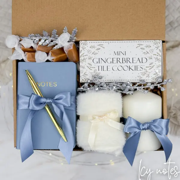Holiday Gift Box – Notebook, Pen, Cozy Socks, Candle & Cookies | Christmas Gift Basket, Corporate Employee Gift, Teacher Appreciation, Winter Care Package, Birthday Gift for Women, Men, Friends, Staff, Colleagues, Thank You Present