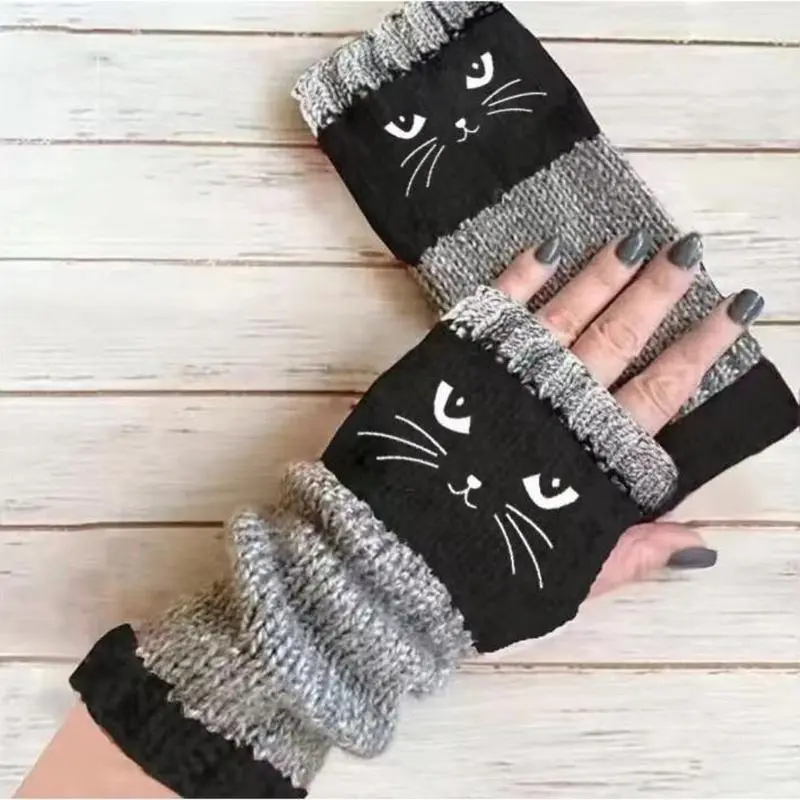Cat Embroidery Splicing Knitted Gloves Warm Gloves Fashion Leaky Finger Casual Women's Gloves