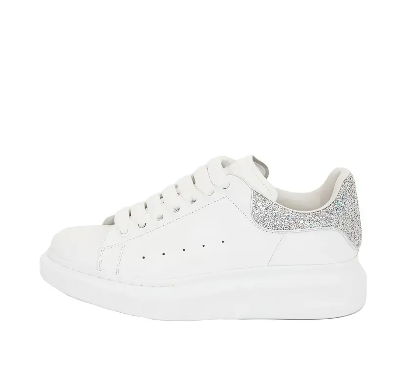 White Silver Glitter Rhinestone Heel Platform Leather Sneakers, Thick Height Boost Cushion Sole Casual Trainers, Sparkly Minimal All-Match Daily Shoes For Women
