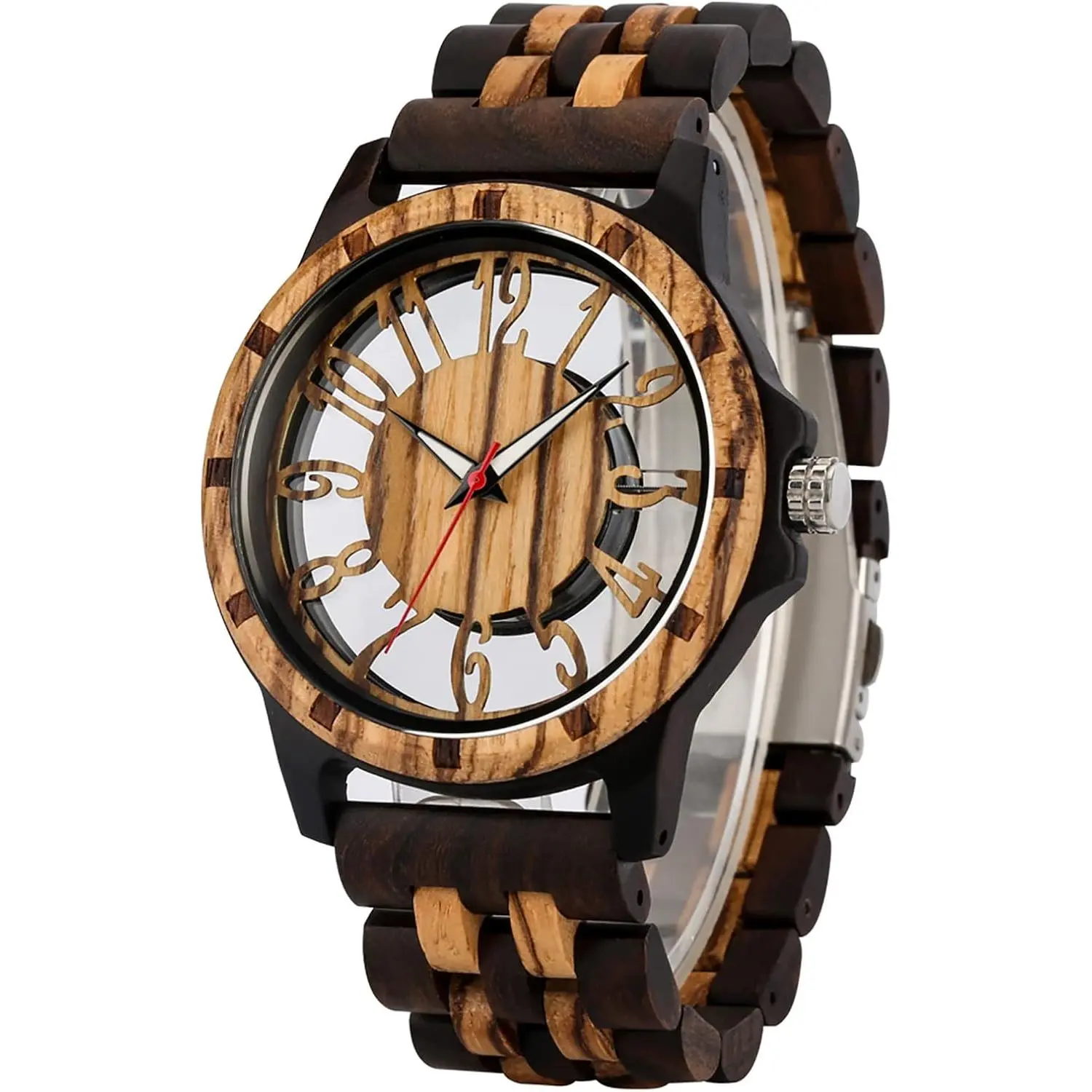 Brown Deep Black Ebony Zebra Wooden Quartz Men's Watch,Foldover Clasp Wood Strap Wooden Watches for Men