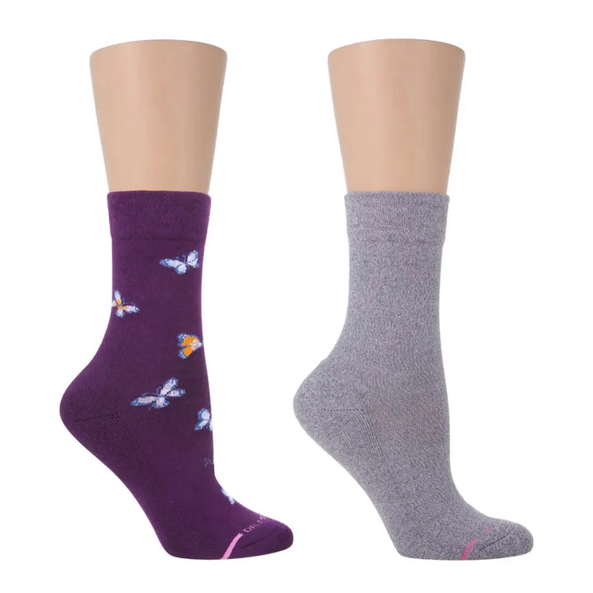 Women's Calf High Butterfly Print Diabetic Crew Socks, 2-Pack Cotton Blend, Non-Binding Fit, Half-Cushion Sole, Moisture-Wick, Anti-Microbial, Lycra Stretch, Smooth, Machine Washable for Leg Comfort