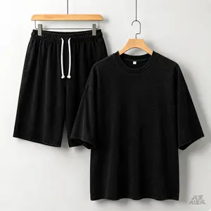 Menswear 100% Cotton Vintage Washed Oversized 2-Piece Tee & Shorts Set, Grunge Streetwear Black Outfit, Casual Summer Loungewear for Men