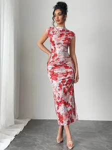 Women's Watercolor Floral Print Slim-Fit Midi Dress - Elegant Bodycon Knitted Dress with Side Slit Boat Neck Cap Sleeves Romantic Daily & Party Wear Style Machine Washable