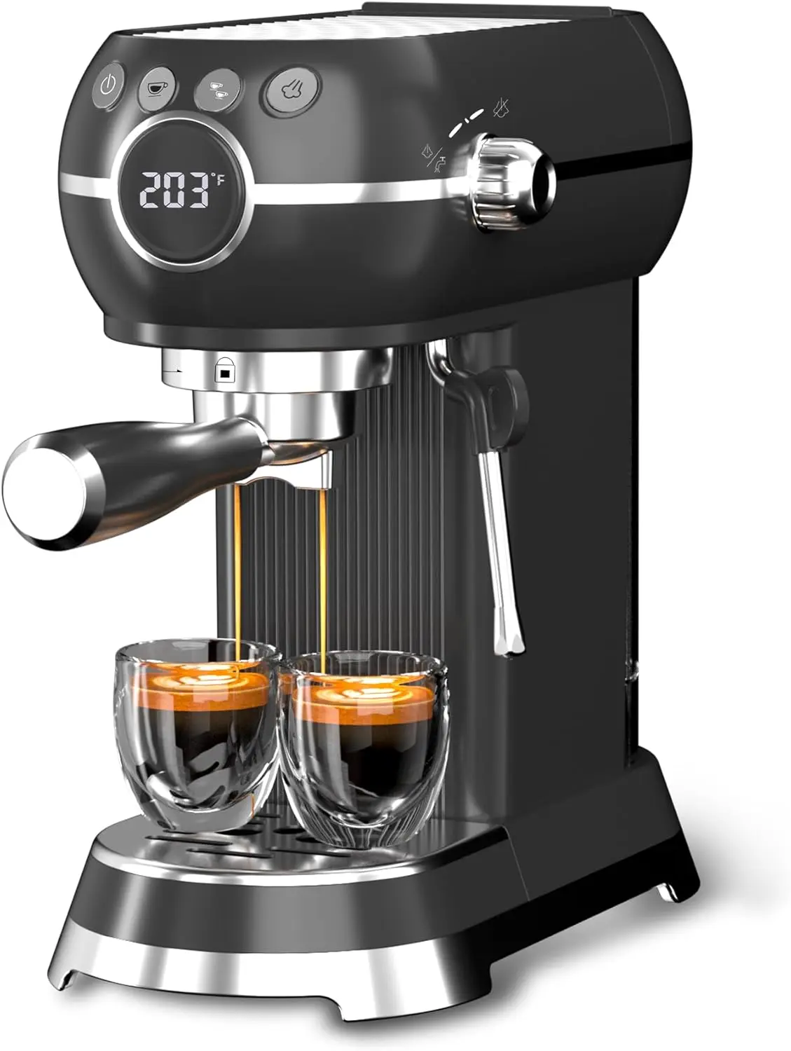 HBN Stainless Steel Automatic Espresso Machine with Milk Frother - 20Bar, 1350W Fast Heat-Up, LCD Digital, 27oz Removable Tank, Compact Retro for Home Coffee, Latte Brewing