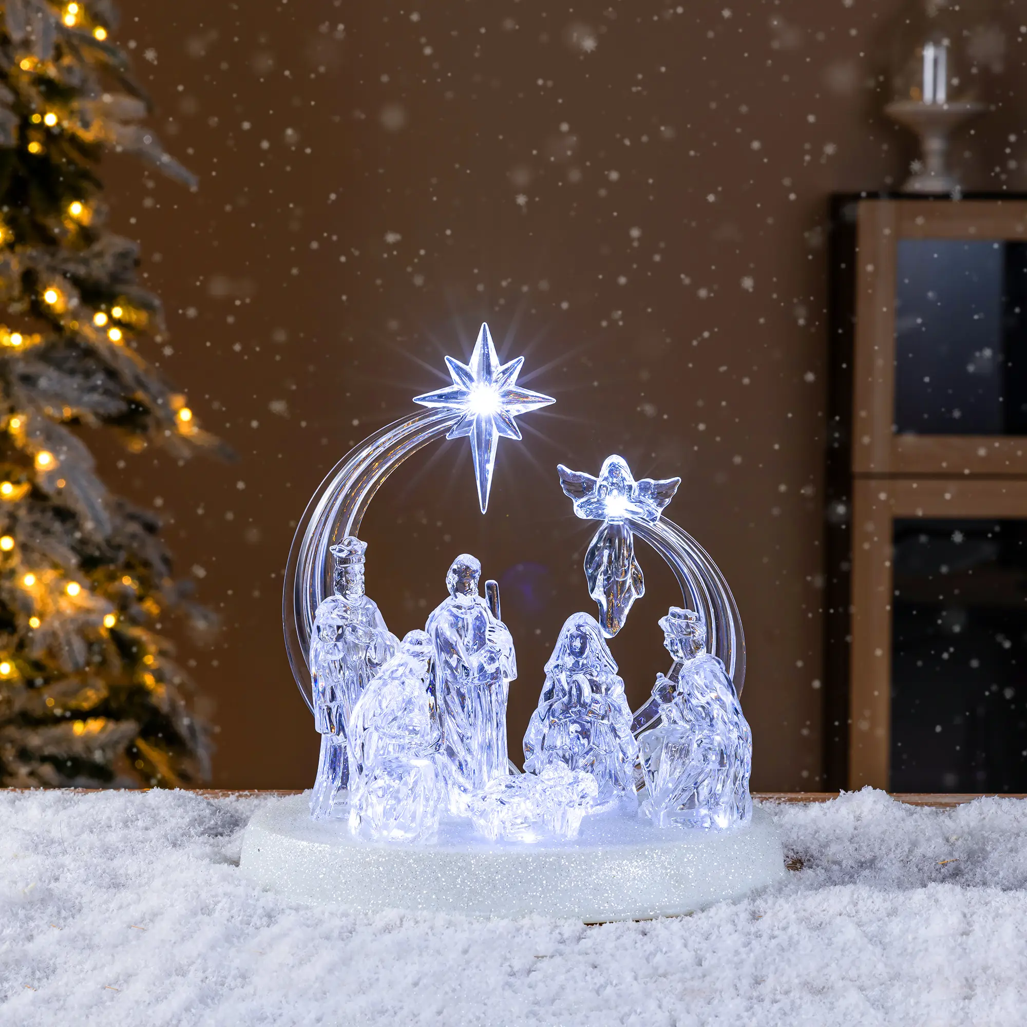 【Christmas in July】 Glitzhome 9''L Christmas Lighted Acrylic Tabletop Nativity Scene Figurine