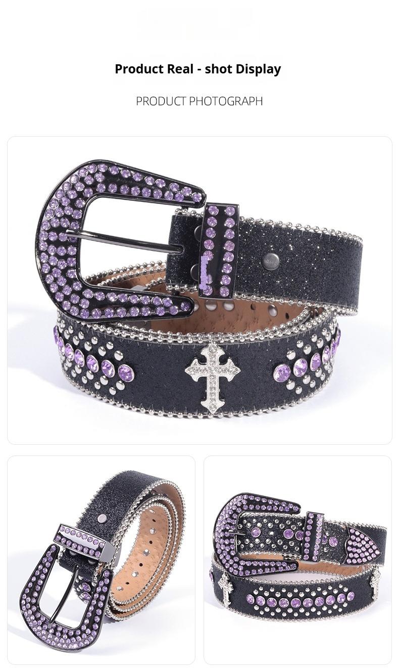 Unisex Crocodile Pattern Belt with Rhinestone Decorative Buckle Cross Pendant New Street Fashion Denim Belt Adjustable for Most Waist Sizes