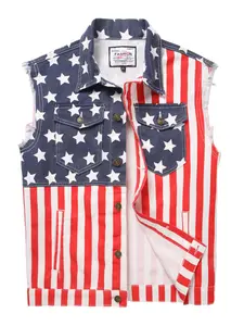 Men's American Flag Denim Vest,Patriotic Button Up 4th of July Vest for Men Retro Sleeveless Jean Jacket