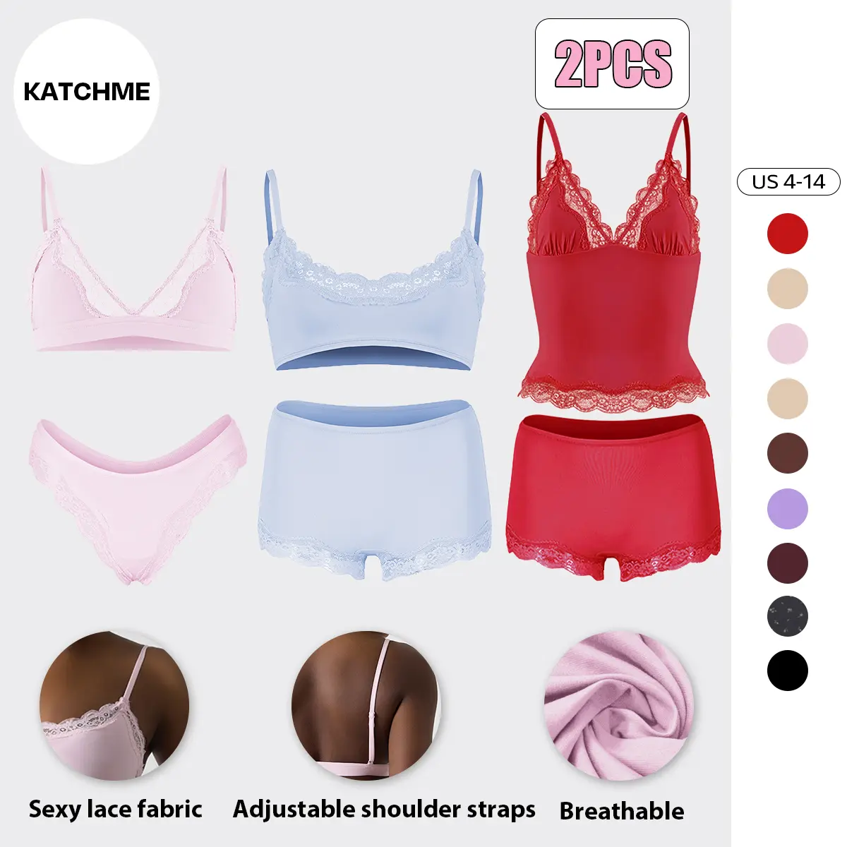 Katch Me Chic Women's Soft Lace Series Spaghetti Strap Lace Trim Wirefree Quick-Drying Bralette & Panties Set, Casual Lightweight Flattering Underwear Set, Breathable Womenswear