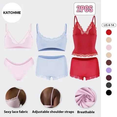 Katch Me Chic Women's Soft Lace Series Spaghetti Strap Lace Trim Wirefree Quick-Drying Bralette & Panties Set, Casual Lightweight Flattering Underwear Set, Breathable Womenswear