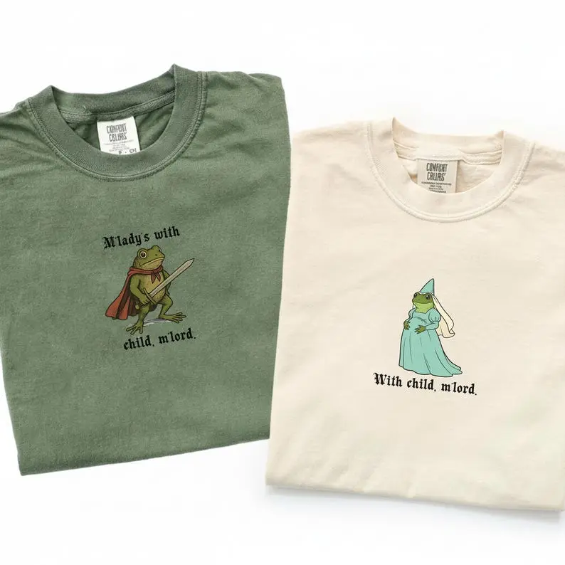 Medieval Frog Pregnancy Announcement Comfort Colors Shirts, M’lady’s With Child M’lord, Couples Pregnant Reveal, Funny Parents to be Shirts