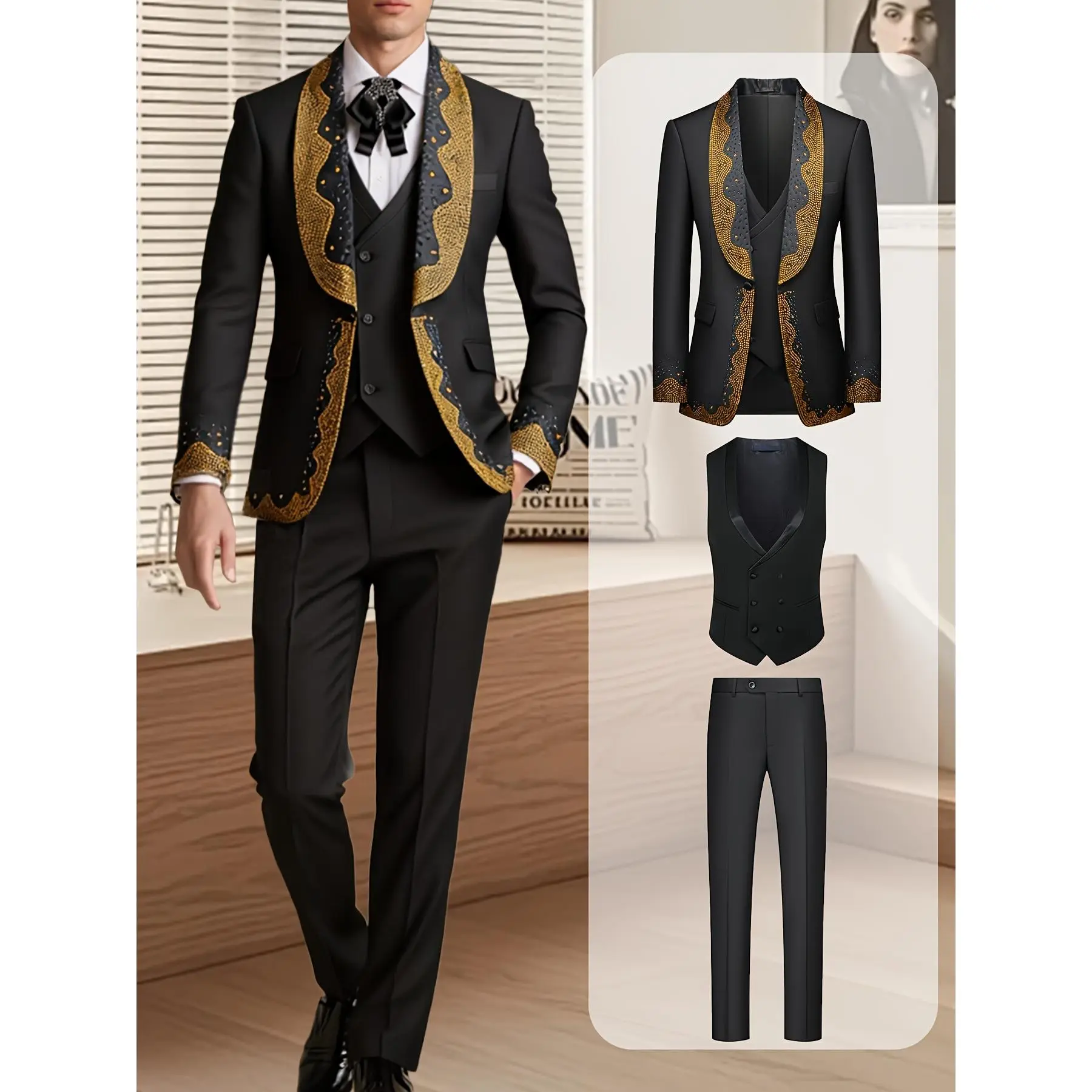 Men's 3-Piece Formal Suit in Fitted Polyester, Sparkling Gold Rhinestone Blazer with V-Neck Vest and Trousers for Wedding & Prom, Rhinestones, Black Gold, Tailored Fit, All Season, M, Plain, Dry Clean, Elegant, Button, Lapel, Pants, Tuxedo, Fabric, Evenin