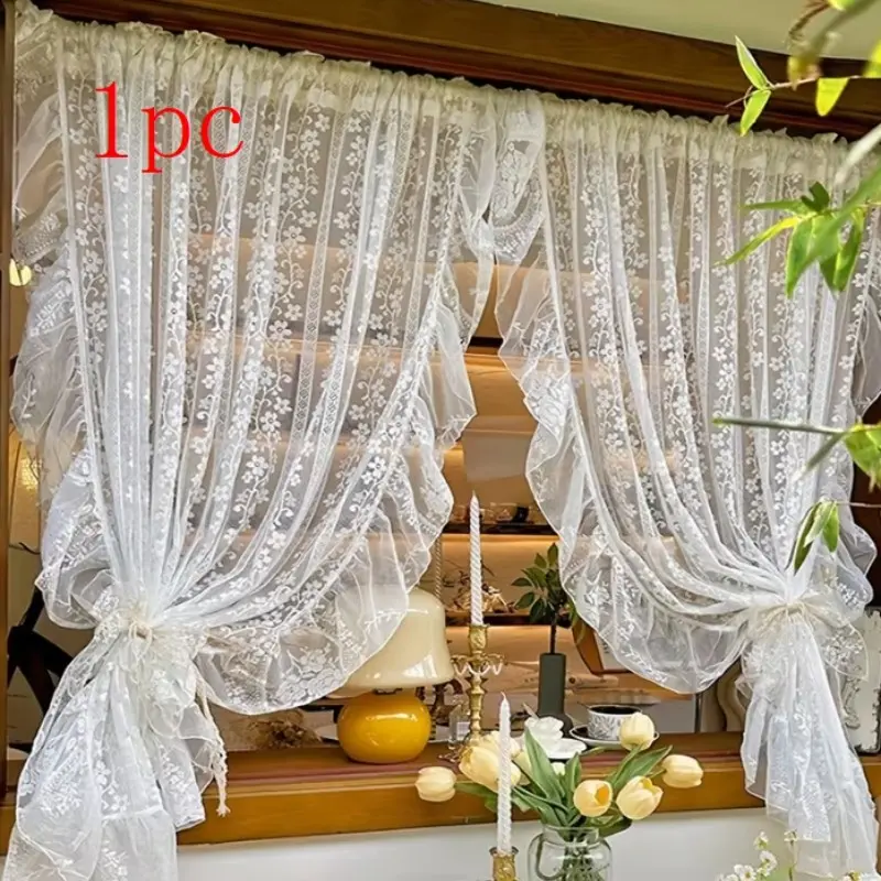 1pc Vintage Floral Embroidered Lace Curtain, Home Decoration Curtain, Elegant Ruffle Semi-Transparent Privacy Sheer Curtains for Living Room or Bedroom, Window Curtain