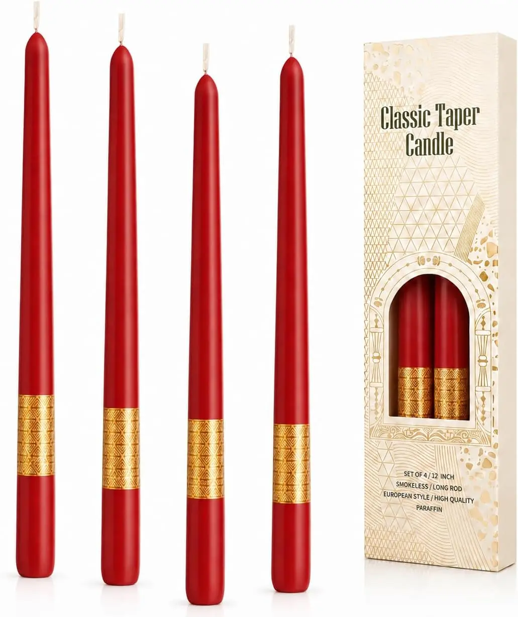 12 Inch Red Taper Candles, Set of 4, Unscented, Decorative Gold Accents | Smokeless wedding decor for dining tables, centerpieces, ceremonies and home; fits most standard holders sohochic