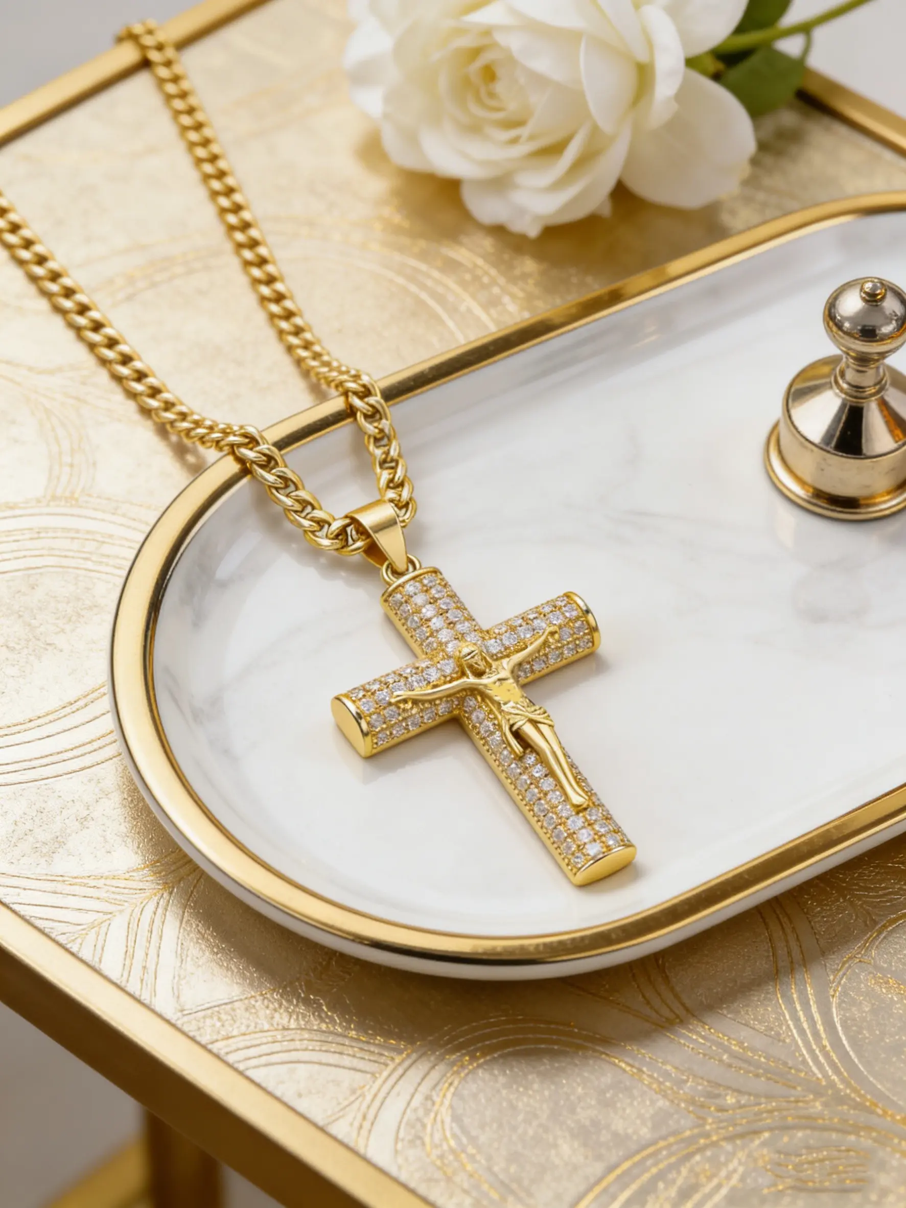 14k Cuban, Figaro, Miami Jesus Christ Cross Rope Chain, Faith Pendant, Pendant Religious Necklace, Unisex Fashion Jewelry, High Quality Street Style Accessory, Zircon Pendant Necklace