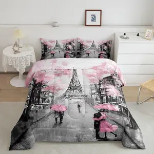 Feelyou Microfiber Comforter Set - Paris-Themed Decorative Bedding with Watercolor Cherry Blossoms, Eiffel Tower Accents, Retro Pink-Grey Quilt Duvet for Couples, Decorative Bedding Set