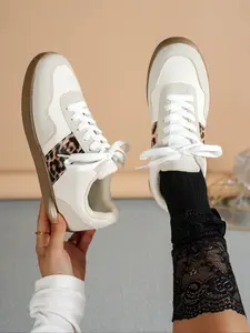Women's Leopard Print PU Leather Sneakers, Comfortable Soft Sole Anti-Slip Casual Shoes, Low Top Round Toe Fashion Walking Shoes