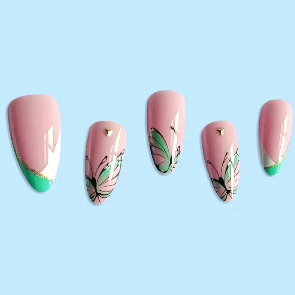 Long Almond Green Pink, White & Gold Butterfly Press on Nails 24 CT