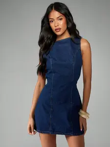 MISSGUIDED Sleeveless Fitted Shift Style Denim Mini Dress Back Tie Waist Detail