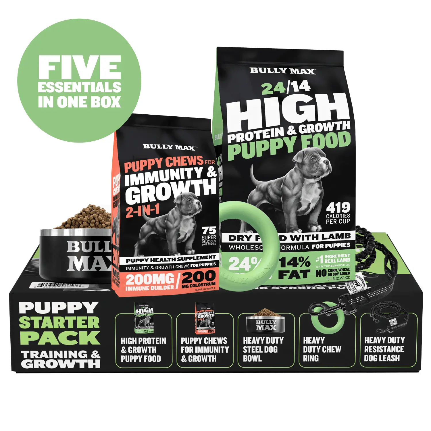 Bully Max Puppy Starter Pack - High-Protein Puppy Formula Dog Food, Immunity-Boosting Soft Chews, and Growth-Supporting Training Gear