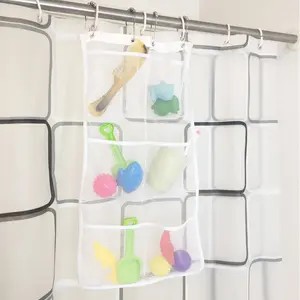 1pc White Mesh Shower Caddy Organizer With 6 Pockets And 4 Rings/Hooks Hanging On Shower Curtain Rod For Bathroom Supplies, Save Space, Storage Bag For Toys