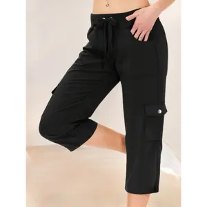 Women's Casual Cargo Capri Pants - Lady's Bottom Clothes, 1pc Polyester-Blend Solid Color 7/8 Length Trousers, Regular Fit, Elastic Waist with Drawstring Belt, Functional Pockets, Lightweight 160g/m² Fabric, Multi-Size, Spring/Summer Fashion