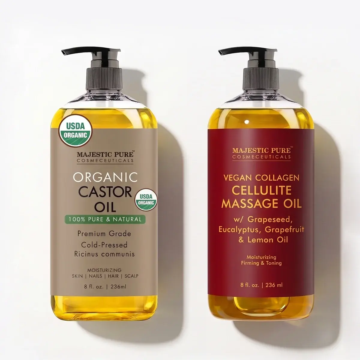 Lymphatic Drainage Body Oil Duo, Organic Castor Oil & Vegan Collagen Cellulite Massage Oil with with Eucalyptus, Grapeseed, Grapefruit & Lemon Oil, Firming, Toning & Moisturizing Set - 8 fl oz Each